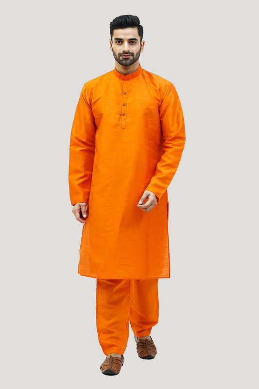 Men Dark Orange Raw Silk Kurta Set - Veshbhoshaa
