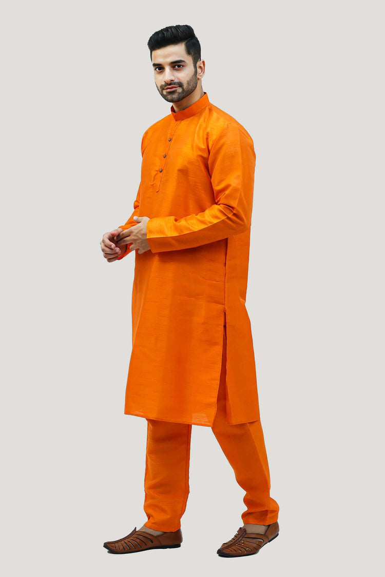 Men Dark Orange Raw Silk Kurta Set - Veshbhoshaa