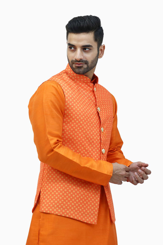 Veshbhoshaa's BLUESAANCHI printed Orange Waistcoat For Men's