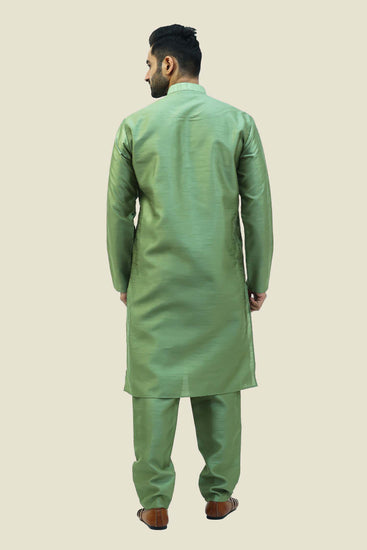 BLUESAANCHI MEN'S DARK GREEN RAW SILK KURTA SET