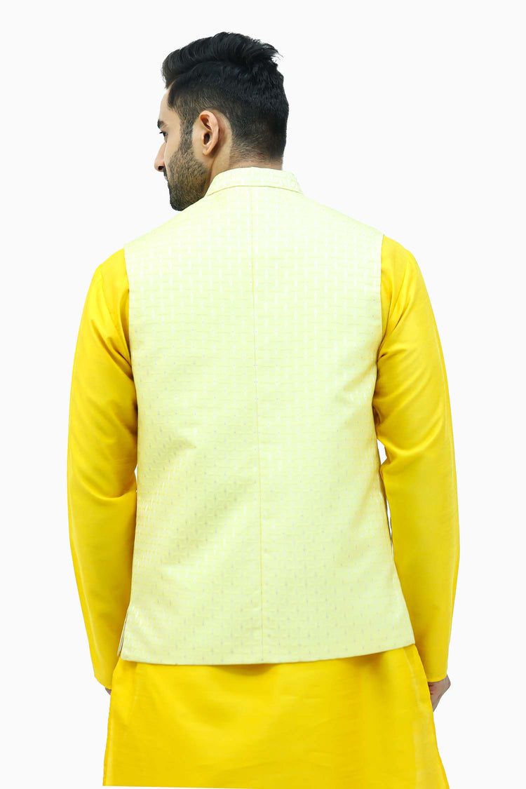Veshbhoshaa's Bluesaanchi Jacquard Yellow Waistcoat For Men's